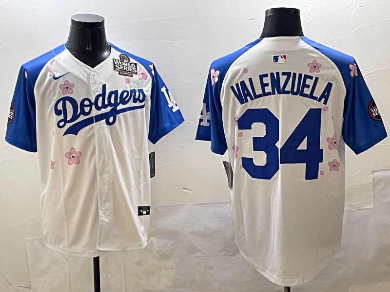 Men Los Angeles Dodgers #34 Valenzuela White Blue Sakura Edition 2025 Nike MLB Jersey style 3
